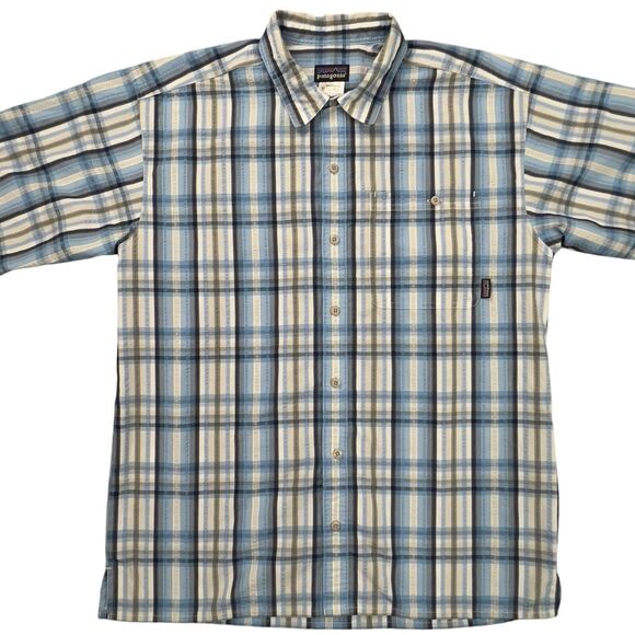 Patagonia Shirt Mens M Blue Plaid Short Sleeve Button Up Textured Organic Cotton - Picture 1 of 9